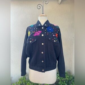 Vintage Carole Little Sport black Jean jacket with embellished shoulders Sz 4.